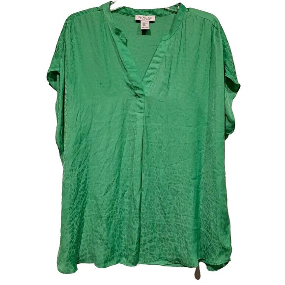 Rachel Zoe Split V-Neck Green on Green Animal Print Silky Cap Sleeve Top Size XL - Picture 1 of 7